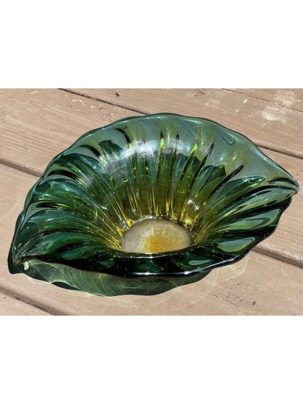 MCM 1950 Murano Shell Art Glass Bowl Green Amber Transition Ribbed Oval